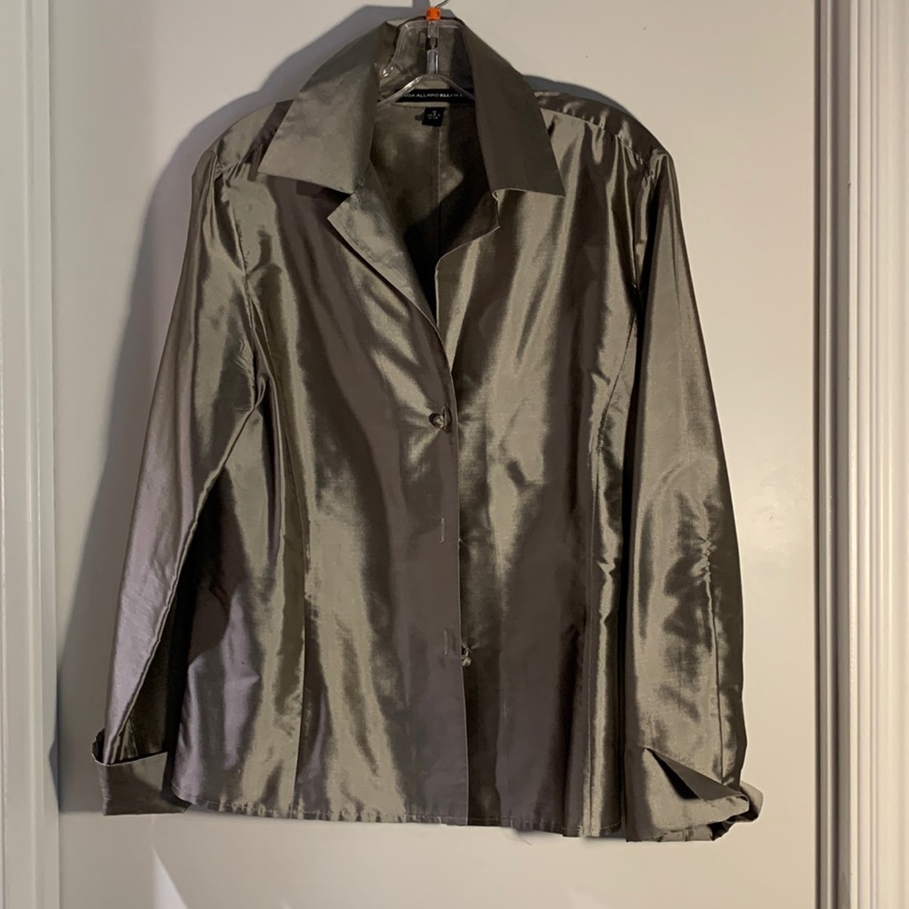 ALLARD-TRACY iridescent classic long-sleeve silk blouse.  Fitted Deep taupe. 10